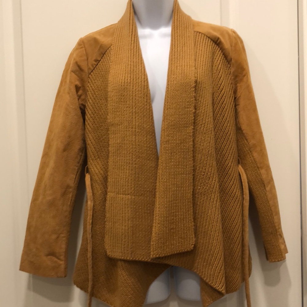 Iman Camel genuine Suede knit Sweater draped front jacket and belt. NEW, size S